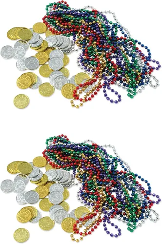 Vista 10 de Beistle 100 monedas de plástico en relieve de plata para casino occidental y tema pirata, recuerdos de fiesta del cofre del tesoro, 1.5 pulgadas