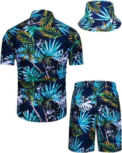 Vista 57 de TUNEVUSE Conjunto de camisas y pantalones cortos hawaianos para hombre, 2 piezas, trajes de playa con estampado de flores, traje tropical de verano