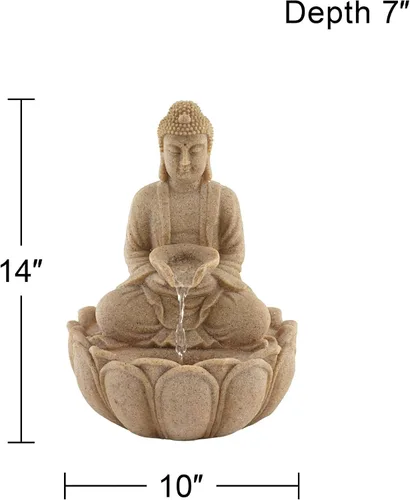 Vista 4 de Calm Buddha - Fuente de mesa de piedra de arena de 14 pulgadas de alto con luz LED de cascada para jardín, patio, escritorio, patio trasero, porche