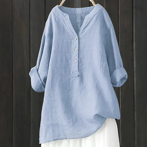 Vista 3 de Blusa de moda con botones para mujer, ajuste holgado, de manga larga, casual, de algodón y lino, 2023