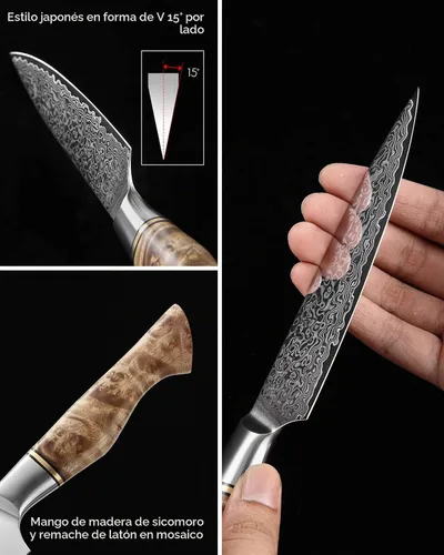 Vista 4 de HEZHEN Cuchillo utilitario de 5 pulgadas con filo de navaja - Acero de Damasco con patrón de rosa multifuncional VG10 cuchillo profesional