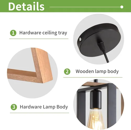 Vista 4 de Lámpara colgante estilo granja, luces colgantes negras para isla de cocina, luz colgante de metal industrial y madera vintage, lámpara de techo