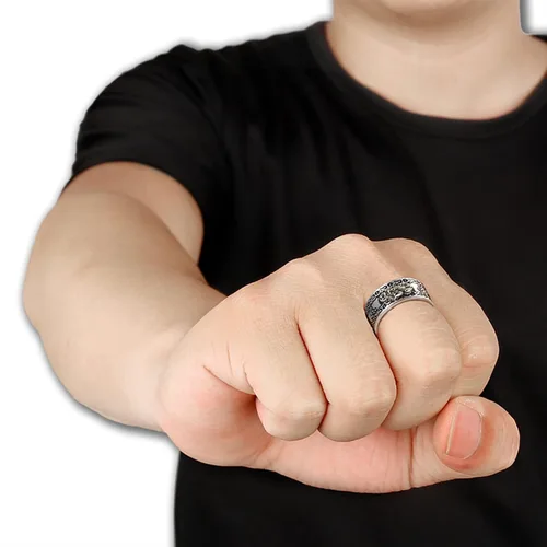 Vista 4 de DIOWUS Feng Shui Pixiu Mantra anillo ajustable vintage anillos para hombres budistas buena suerte amuleto mantra doble protección riqueza amor salud