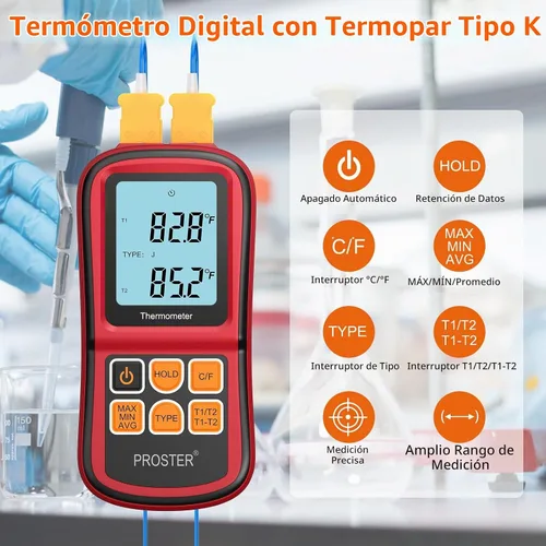 Vista 2 de Proster tester medidor de temperatura con retroiluminación LCD de dos canales con termómetro y termopar digital para clase K/J/T/E/R/S/N, con dos