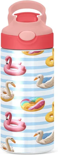 Vista 2 de ALAZA Flamingo Swan Circlen - Botellas de agua para niños con tapas y pajilla, botellas de agua de acero inoxidable con aislamiento de doble pared