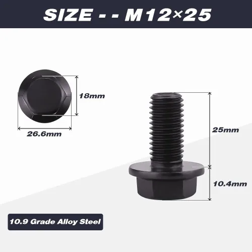Vista 3 de M12-1.75 x 25 mm (8 piezas) Tornillos de perno hexagonal con brida acabado de óxido negro, grado 10.9 de acero de aleación, perno de cabeza