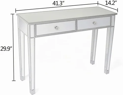 Vista 4 de Henf Mesa de maquillaje con espejo, mesa de tocador con acabado plateado, mesa de consola de 2 cajones para entrada, dormitorio, sala de estar