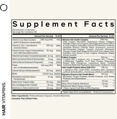 Vista 2 de Codeage Vitaminas para el cabello 10000 mcg de biotina, queratina, colágeno, vitamina A, B12, C, D3, E, zinc, inositol, apoyo para el cuidado