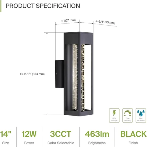 Vista 2 de ASD Lámpara LED de pared de vidrio de burbujas de 14 pulgadas 12 W, 300 lúmenes, 3000 K, 5000 K, 120 V, 3CCT, impermeable, regulable
