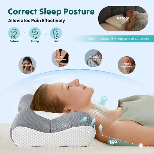 Vista 6 de NEWBULIG Almohada cervical para el cuello para aliviar el dolor de cuello, almohada ergonómica de espuma viscoelástica para personas que duermen