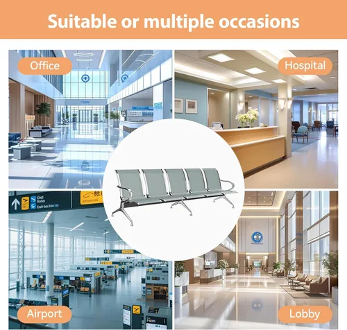 Vista 5 de Kinfant Sillas de sala de espera, sillas de recepción de 5 asientos, sillas de sala de espera con brazos y marco de acero inoxidable, banco