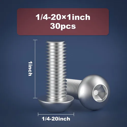 Vista 2 de Tornillo de 1/4-20 x 1, tornillos de cabeza de botón, acero inoxidable 304 (18-8), rosca completamente a máquina, unidad hexagonal Allen, paquete