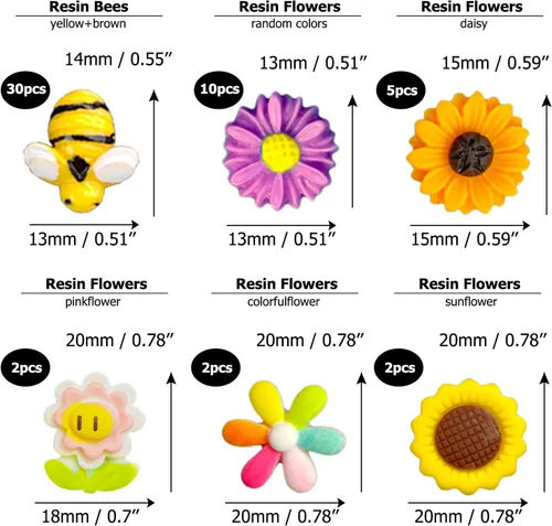 Vista 3 de 225 piezas de resina diminuta abeja de madera mariquita margarita flor decoración de hongos, adorno de abejorro, encanto de limo epoxi en miniatura