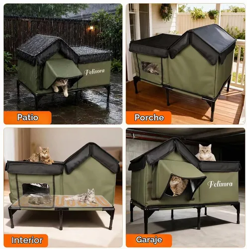 Vista 7 de Casa climatizada para gatos para exteriores, refugio de invierno aislado a la intemperie con base elevada y ventana transparente, puerta de escape