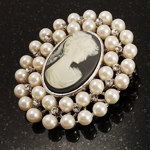Vista 7 de Broche de camafeo de cristal de perlas simuladas (tono plateado), Perla de imitación Cristal Cameo Perla sintética Cristal, Sin gemas.