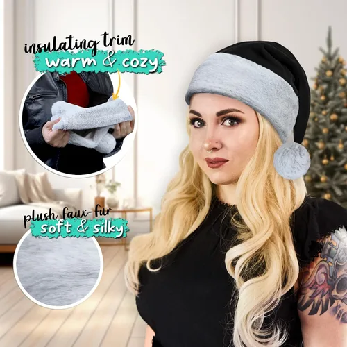 Vista 2 de Sombrero de Santa Hexonomy, Terciopelo, Borde de Piel Sintética - Suave y Cálido Peludo, Tocado de Navidad de Lujo - Adulto, Talla Única, Talla única