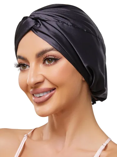 Vista 61 de Gorro de satén de seda ajustable para envolver el cabello para dormir, gorro de dormir de doble capa, turbante nocturno para cabello largo y rizado