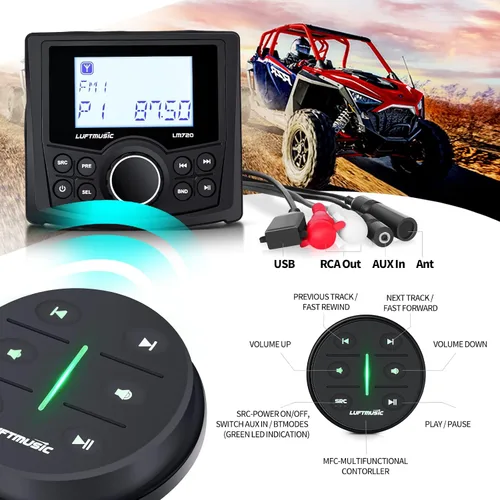 Vista 3 de Receptor de medios digitales marinos, sistema estéreo marino resistente a la intemperie con control remoto inalámbrico, pantalla LCD de matriz