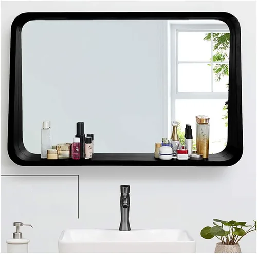 Vista 2 de Y&J Espejo de pared con estante, espejo rectangular de baño, espejo de decoración del hogar, práctico material de madera de fresno, para dormitorio