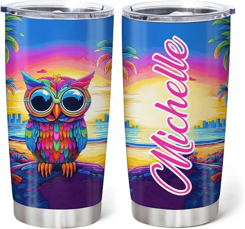 Vista 11 de Hyturtle Vaso personalizado para amantes de los búhos, vaso de café de acero inoxidable con nombre personalizado, 20 onzas con tapa, ideal como