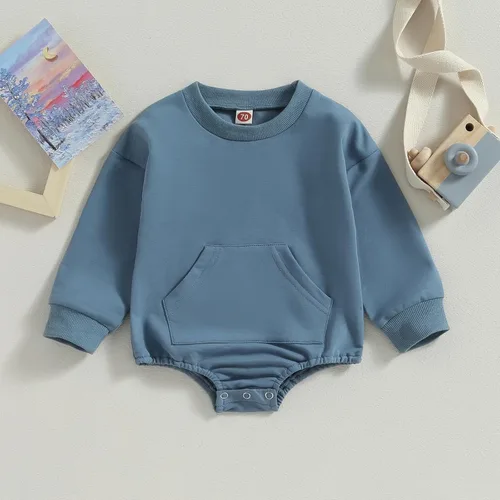 Vista 16 de Mameluco de manga larga con bloques de color para bebé, niño, niña, con bolsillo, cuello redondo, sudadera básica para otoño e invierno