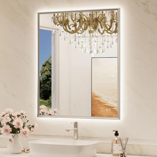 Vista 11 de TokeShimi Espejo de baño con marco negro de 40 x 30 pulgadas con luces delanteras y retroiluminación de aleación de aluminio rectangular, borde