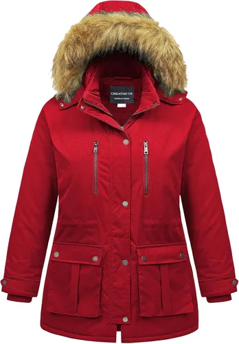 Vista 8 de CREATMO US Abrigo de invierno para mujer, talla grande, impermeable, chaqueta puffer larga, cálida, militar, gruesa, parka con capucha de piel Gris
