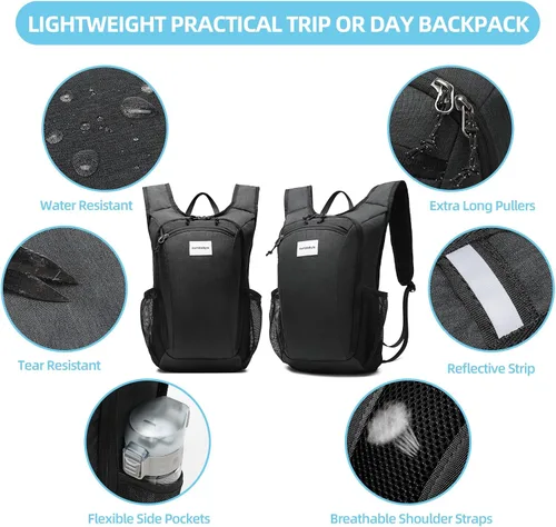 Vista 4 de Mochila ligera plegable de 10L – Mochila de viaje plegable para senderismo, ciclismo y uso diario – Bolsa de viaje resistente al agua con diseño