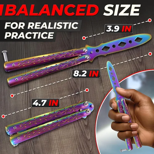 Vista 2 de Rainbow - Cuchillo de mariposa de práctica de 8.2 pulgadas con hoja embotada, cuchillo de mariposa de entrenamiento de metal con asas fuertes