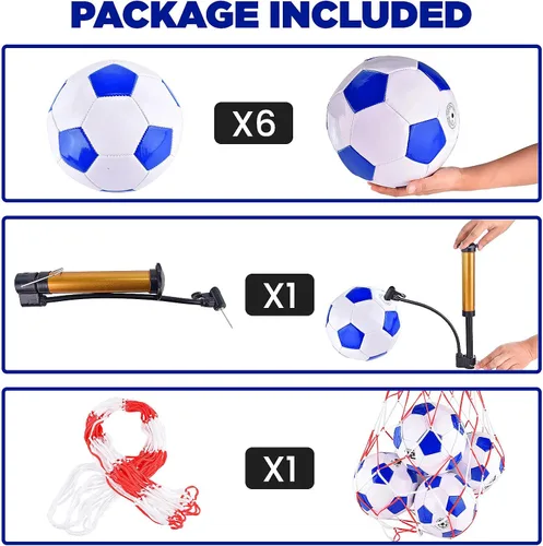 Vista 2 de Paquete de 6 pelotas de fútbol clásicas desinfladas, tamaño 3/4/5 con bomba y bolsa de malla para interiores y exteriores, césped, entrenamiento