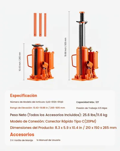 Vista 7 de VEVOR Gato de botella hidráulica de aire, 12 toneladas/26455 libras Gato hidráulico neumático para botella con rango de elevación de 10.43 a 19.88