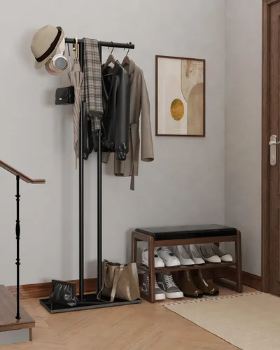 Vista 2 de OUTBROS Perchero de metal grande independiente con base de roca, negro Almacenamiento de ropa de pie para interiores, 23.6 pulgadas de ancho