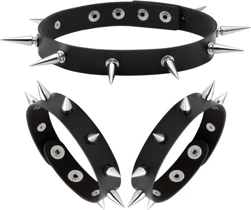 Vista 8 de Manfnee Pulsera gótica punk con remaches de clavos de metal, ajustable C: 3 piezas
