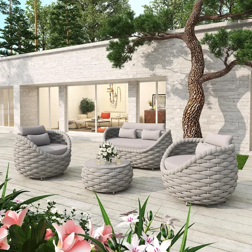 Vista 2 de Juego de 4 piezas de sofá de aluminio para exteriores e interiores, juego de muebles de patio moderno con cojín suave y mesa auxiliar para balcón