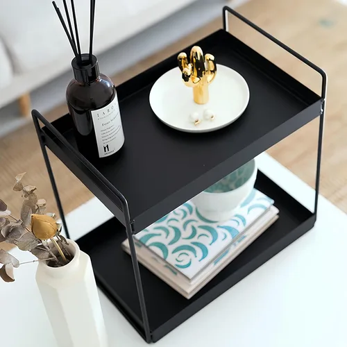 Vista 3 de Estantería de 2 niveles para baño, encimera de almacenamiento, organizador de cosméticos, soporte para especias de cocina, color negro.