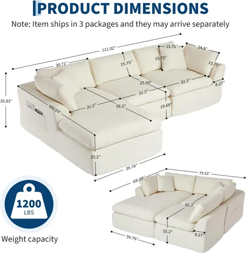 Vista 2 de Sofá nube sin hueso de 111 pulgadas en forma de L con diván, sofá modular de 3 plazas para sala de estar, sofás de felpilla deshuesados de gran Beige