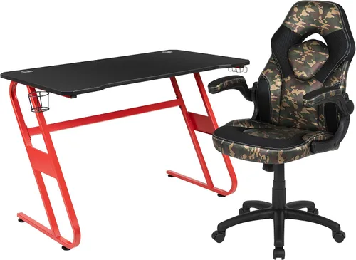 Vista 88 de Flash Furniture Juego de escritorio para juegos negro y silla de carreras blanco/negro con soporte para tazas, gancho para auriculares y soporte
