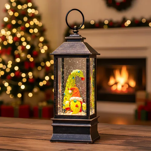 Vista 6 de Gnomos de Navidad de 10 pulgadas, linterna de globo de nieve iluminada, caprichoso árbol de Navidad y elfo escandinavo, linterna de agua musical