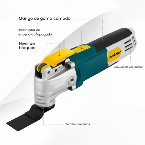 Vista 3 de Enventor Herramienta oscilante con 28 accesorios, 6 velocidades, cable de Cambio sin herramientas, 15,000-22,000 OPM, ángulo de 3°, 4 cuchillas