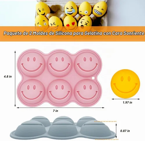 Vista 2 de Paquete de 2 moldes de silicona para gelatina de cara sonriente en 3D, molde para hornear con temática de emoticonos, bandeja de cubitos de hielo