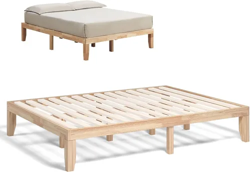 Vista 20 de COSTWAY Base de cama de plataforma de tamaño individual, base de colchón de madera de goma maciza de 14 pulgadas con soporte de listones