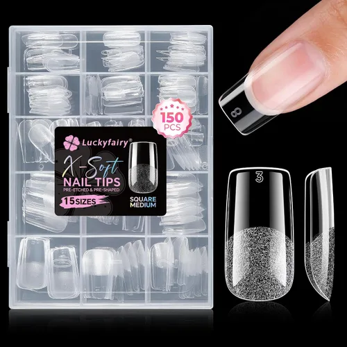 Vista 18 de Luckyfairy Puntas de uñas de ataúd medianas, 15 tamaños, 150 uñas postizas