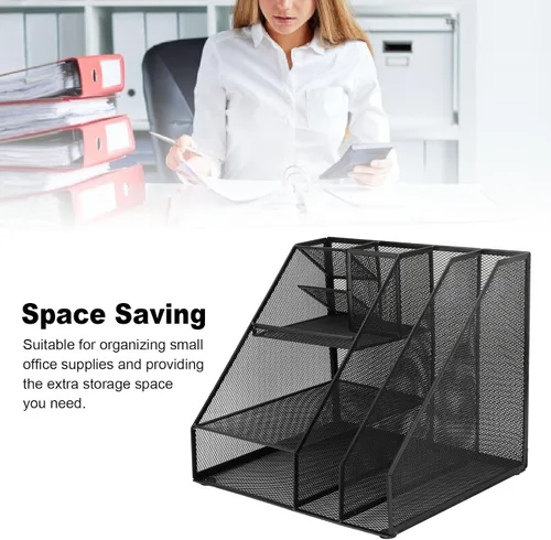 Vista 2 de Organizador de escritorio de malla metálica, soporte multifuncional para bolígrafos y organizador de suministros de oficina con diseño duradero