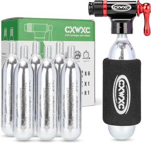 Vista 9 de Kit de inflador de CO2 con 6 cartuchos de CO2 de 0.56 oz/0.88 oz - Compatible con válvulas Presta y Schrader - Bomba de bicicleta de CO2 para 4 x