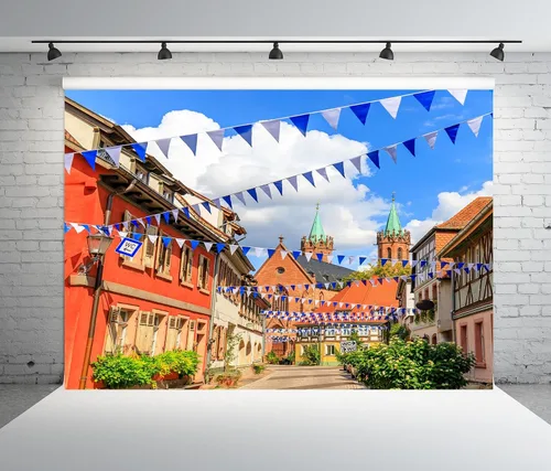 Vista 2 de BELECO Telón de fondo de tela de 5 x 3 pies para el Oktoberfest de Alemania, Baviera, con banderas bávaras, telón de fondo para festival de cerveza