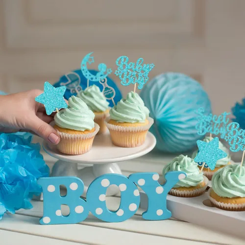 Vista 5 de Gyufise 24 piezas de adornos azules para cupcakes para bebé, con purpurina azul, estrellas, luna, dulce baby shower, niño, cupcakes para baby