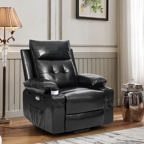 Vista 8 de Silla reclinable eléctrica para personas mayores con masaje y calor, piel sintética, reclinable eléctrico con puertos USB, portavasos, bolsillos