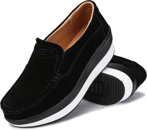 Vista 5 de Ruiatoo Zapatos de plataforma para mujer, cómodos mocasines de gamuza sin cordones, mocasines casuales de cuña