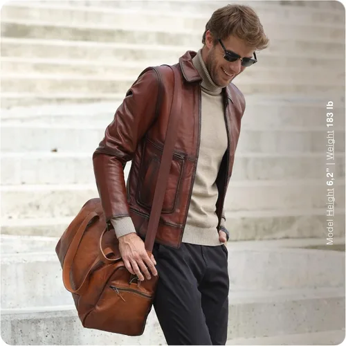 Vista 5 de VELEZ Mochila de cuero de grano superior para hombre + bolsa de fin de semana con compartimento para zapatos, Velez Mochila de cuero para hombre +