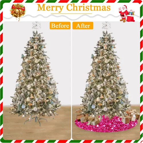 Vista 6 de FANPROMS Falda de árbol de Navidad rosa intenso con lentejuelas de 21 pulgadas, faldas de terciopelo de doble cara para árbol de Navidad de mesa